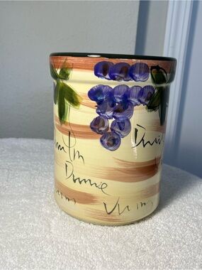 Hand-Painted Ceramic Utensil Holder - Yellow with Purple Grape Design